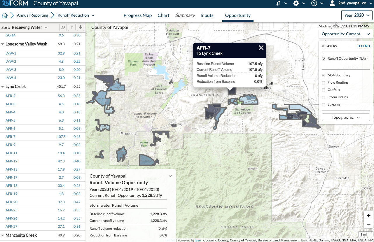 Screenshot from stormwater compliance software 2NFORM of the Yavapai Runoff Volume Opportunity