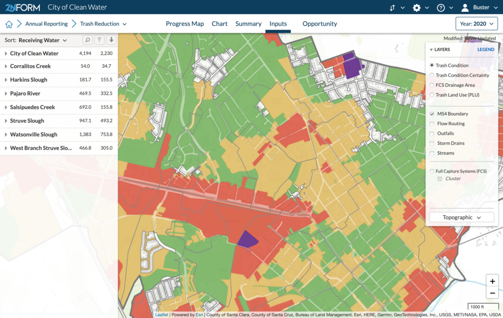 Stormwater compliance software 2NFORM interactive map showing trash condition: purple for very high, red for high, yellow for medium, and green for low. 