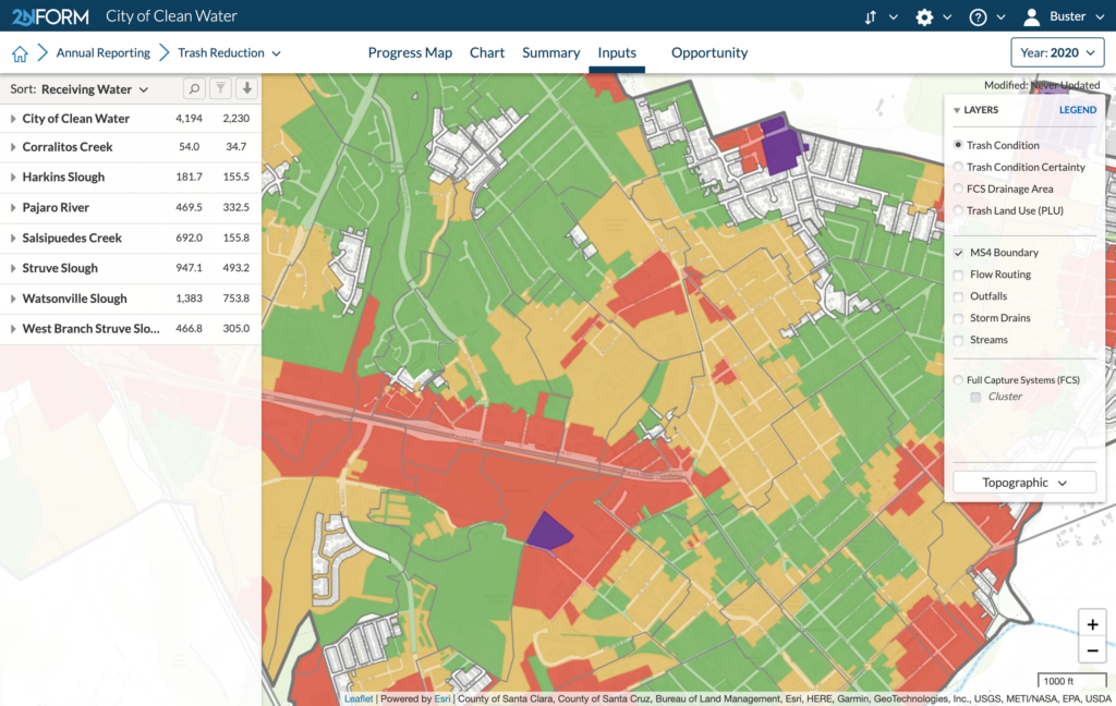 Stormwater compliance software 2NFORM interactive map showing trash condition: purple for very high, red for high, yellow for medium, and green for low.