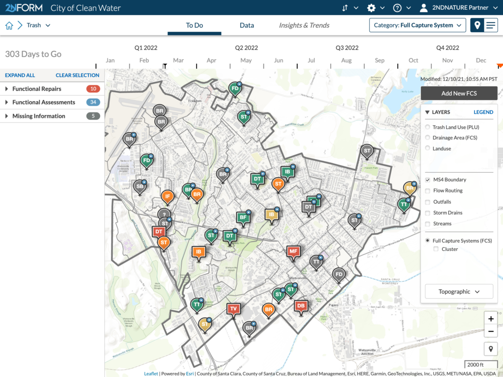 Stormwater compliance software 2NFORM interactive map of structural stormwater assets. See at a glance where they are, what drainage areas they treat, and which need repairs or assessment. Click on individual assets for more detailed information and maintenance records. 