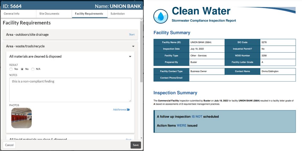 Industrial/Commercial Facility Requirements and Inspection Report in 2NFORM, stormwater compliance software