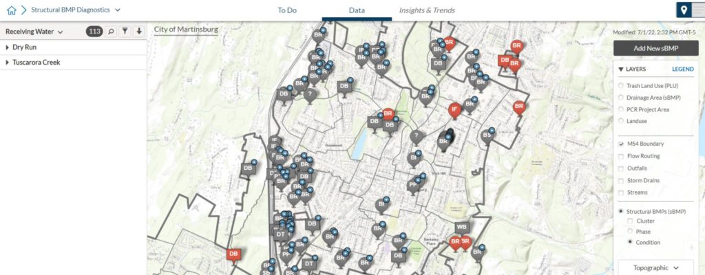 Stormwater assets in Martinsburg, WV on an interactive GIS-based map