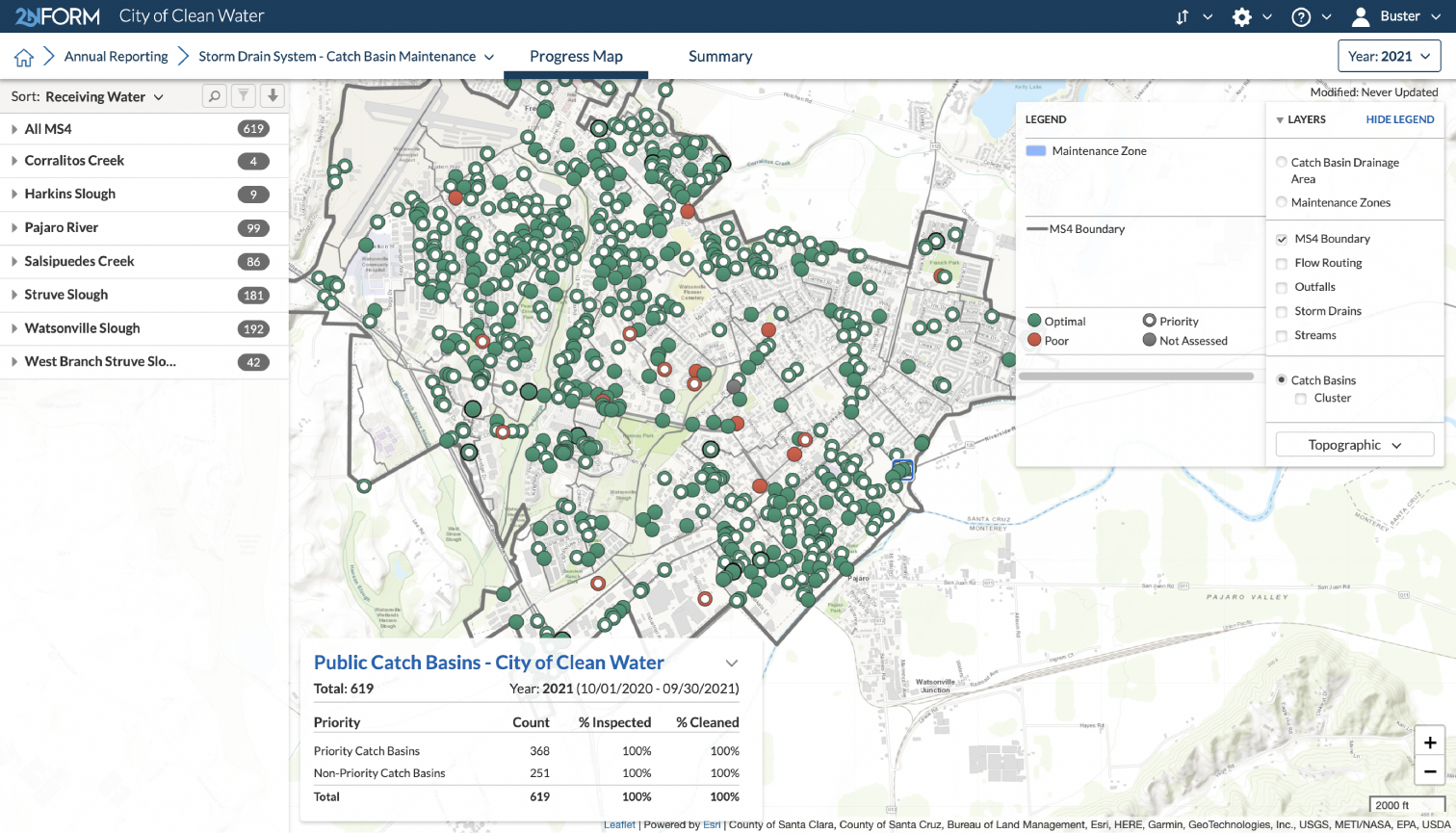 Annual reporting map screenshot in 2NFORM stormwater compliance software