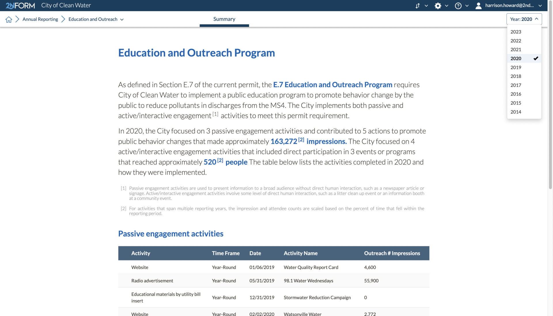 2NFORM stormwater compliance software summarizes your education and outreach activities for annual reporting