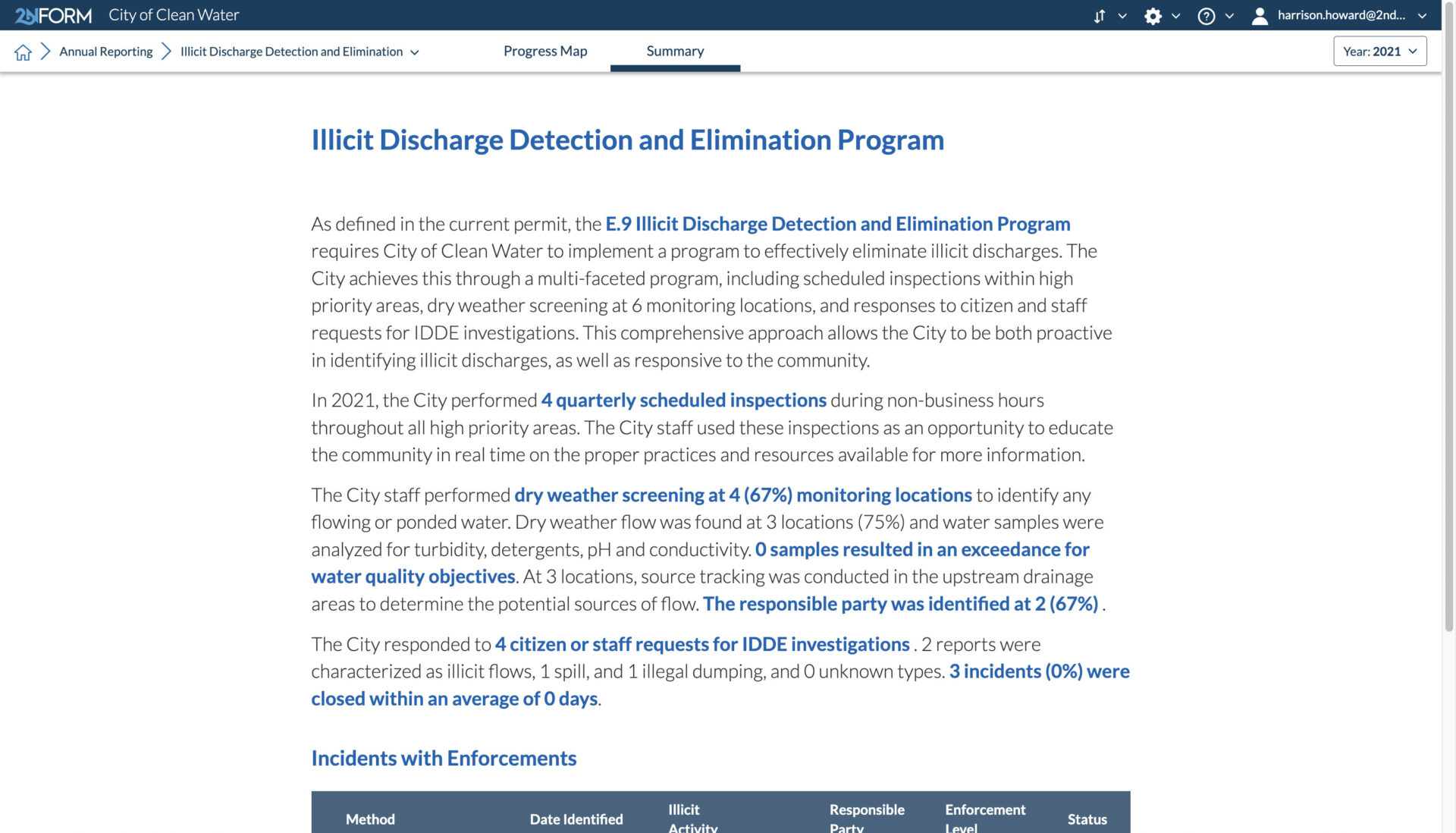 2NFORM stormwater compliance software inserts your numbers into narrative summaries for MS4 annual reporting