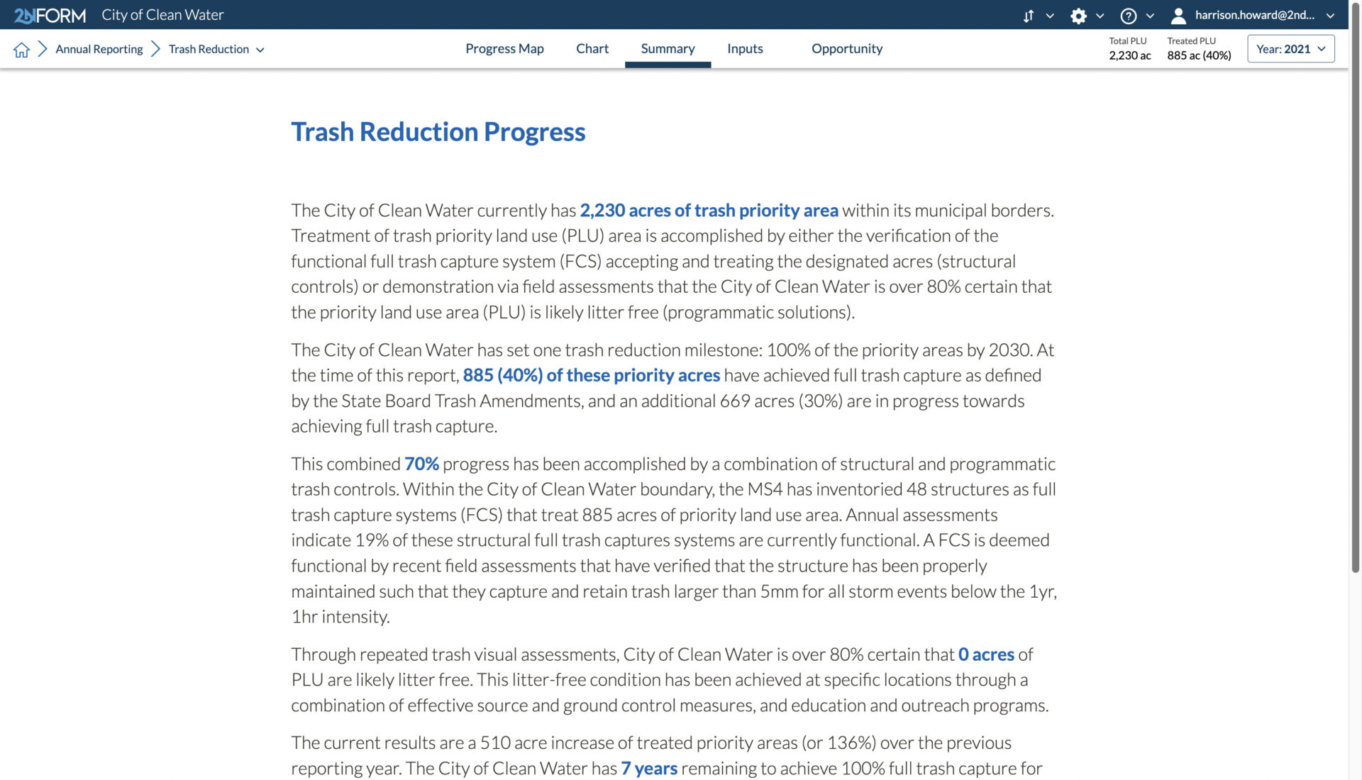 2NFORM stormwater compliance software inserts your own numbers into a narrative summary for MS4 annual reporting