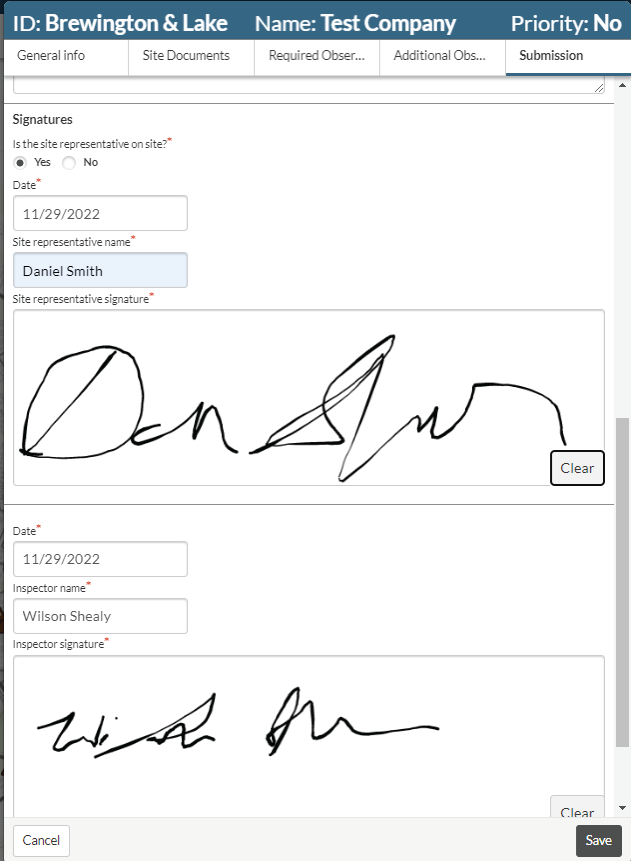 Capture signatures when doing commercial and industrial inspections for MS4 compliance