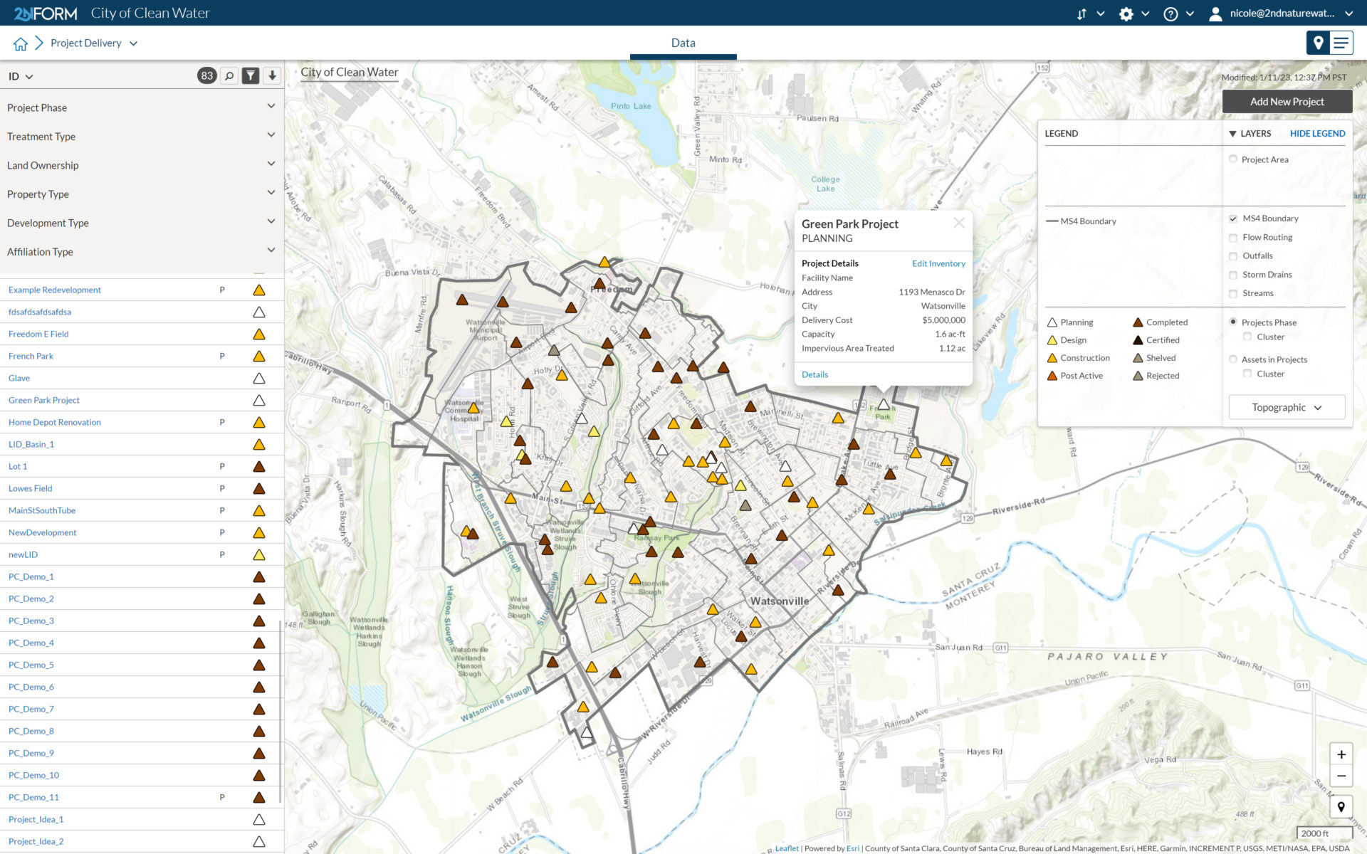 Map interface in 2NFORM Project Delivery module shows all projects tracked for an MS4