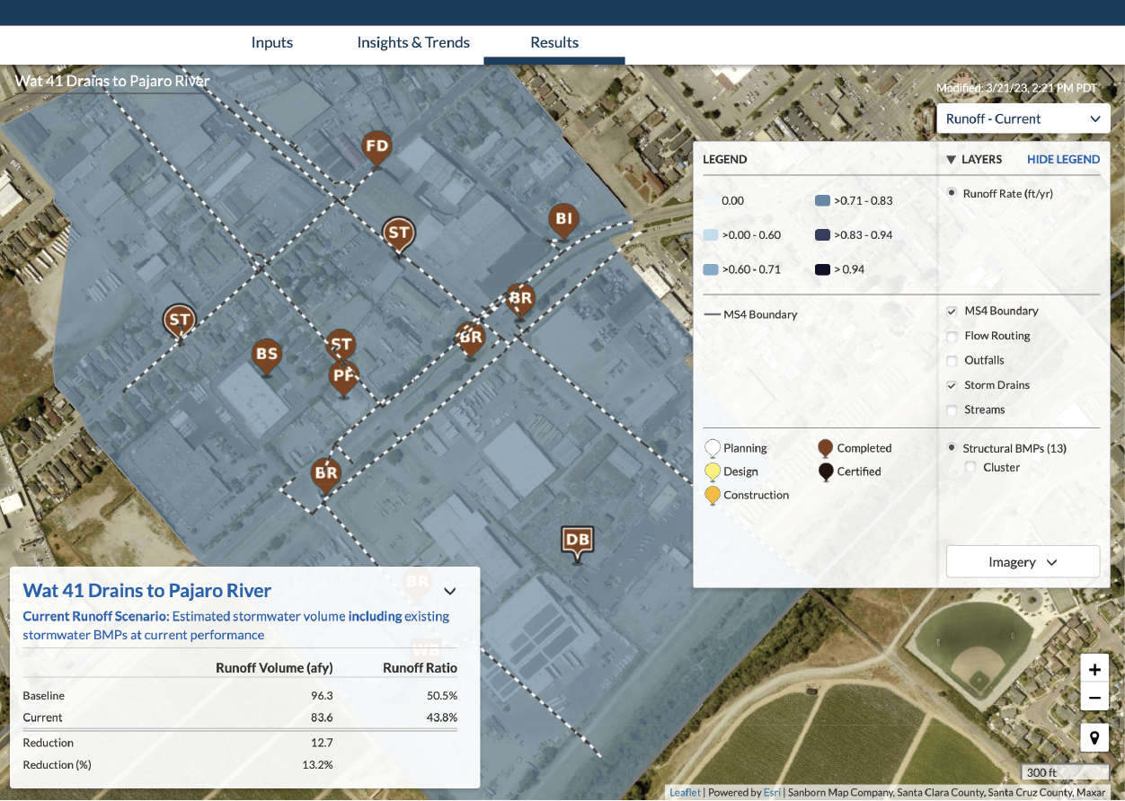 GIS mapping of storm drain lines, structural BMPs and outfall contained within an urban catchment, resulting in a 32% reduction in stormwater pollution from baseline.