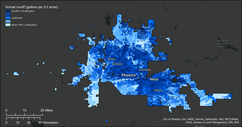 Choropleth map shows Phoenix AMA (Prescott, Phoenix, Pinal, Tucson, and Santa Cruz). Estimates were generated using peer-reviewed methods developed by 2NDNATURE. The results above suggest over 17.1 million acre-feet of stormwater runoff over 100 years for the Phoenix AMA region (1.168 million acres).