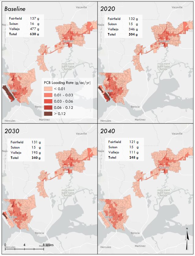 Mapped PCB Reductions for future implementation scenarios 2020, 2030, and 2040. Note the high levels of PCBs reductions on Mare Island, Vallejo, a former Naval shipyard closed in 1993, where industrial applications of these compounds were common in the recent past. 