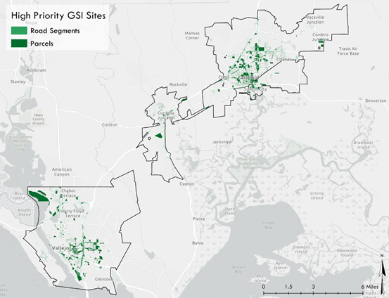 Priority locations for green stormwater infrastructure implementation across Solano County. Prioritization was based on a spatial analysis that combined site suitability factors with a stormwater multi-benefit analysis.