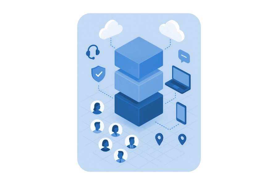 Isometric illustration of a modular B2B SaaS platform showing stacked software blocks, user avatars, cloud storage, security, mobile and desktop access, GIS elements, and support icons.